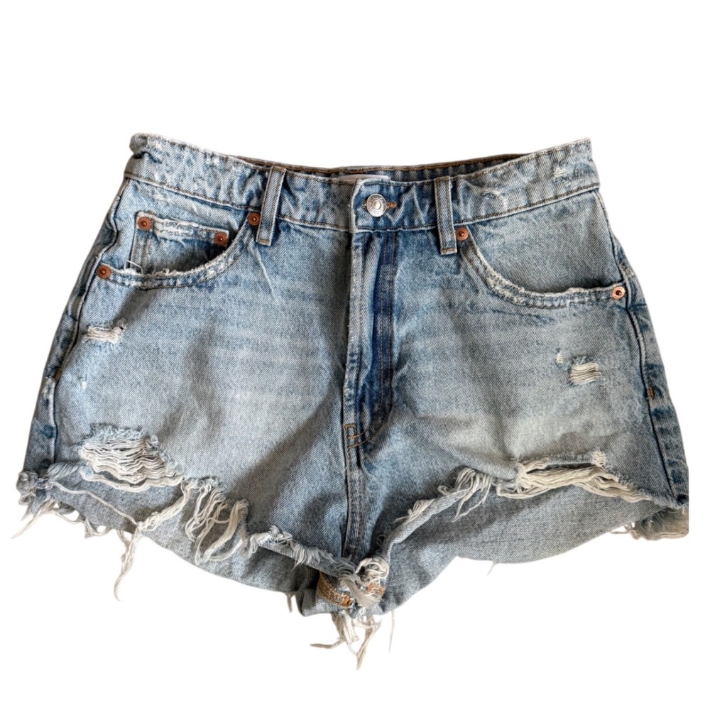 Zara Womens High Waisted Distressed Denim Shorts Light Wash Blue Frayed Size 6